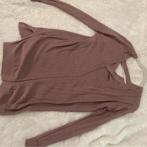 long mauve sweater with v neck and crossover back